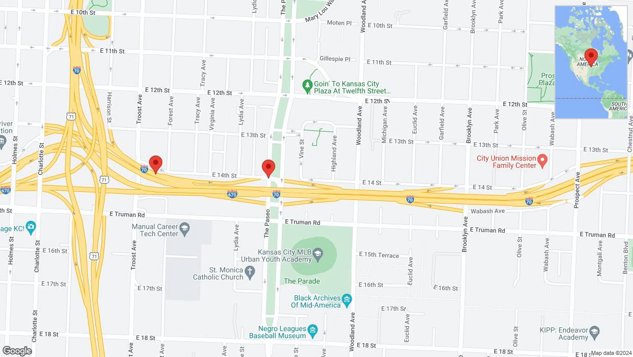 A detailed map that shows the affected road due to 'The Paseo temporarily closed in Kansas City' on June 12th at 3:19 p.m.