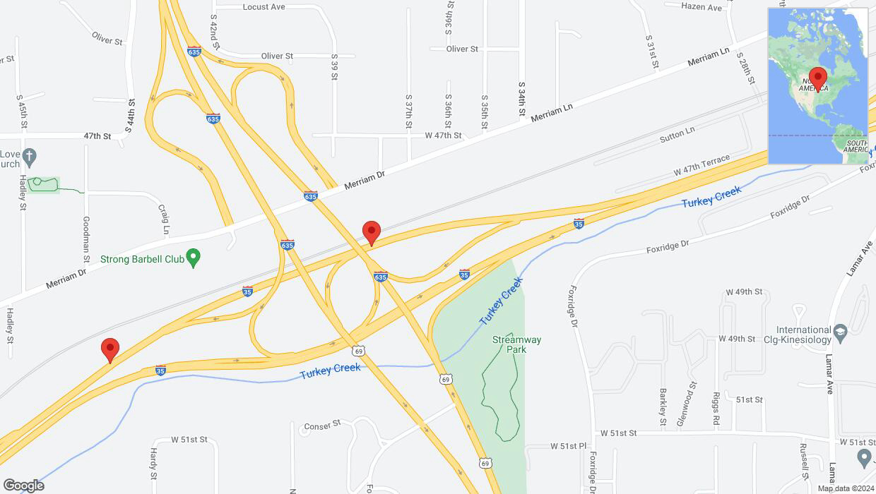 A detailed map that shows the affected road due to 'Lane on I-35 closed in Overland Park' on June 12th at 11:18 p.m.