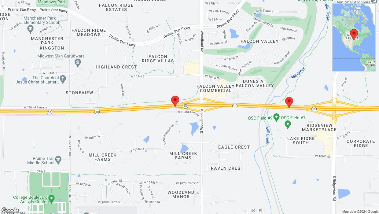 A detailed map that shows the affected road due to 'Warning in Olathe: Crash reported on eastbound K-10' on June 13th at 5:32 p.m.