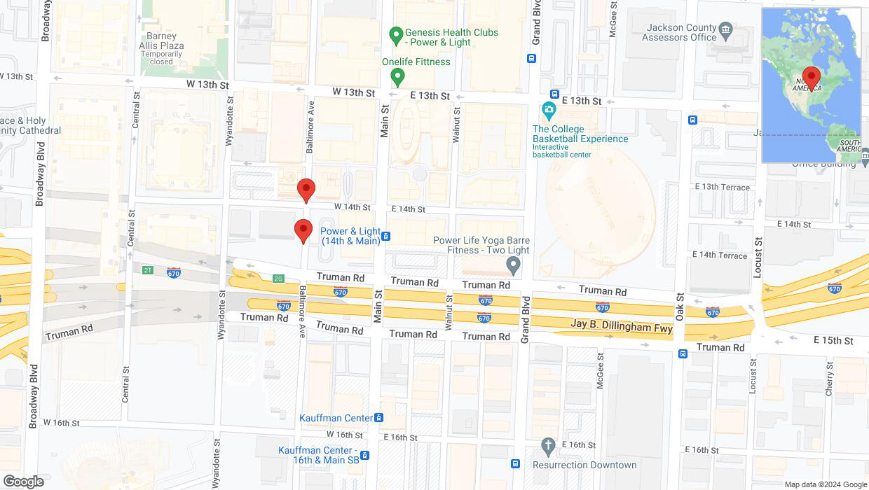 A detailed map that shows the affected road due to 'Kansas City: Baltimore Avenue temporarily closed' on June 13th at 6:54 p.m.