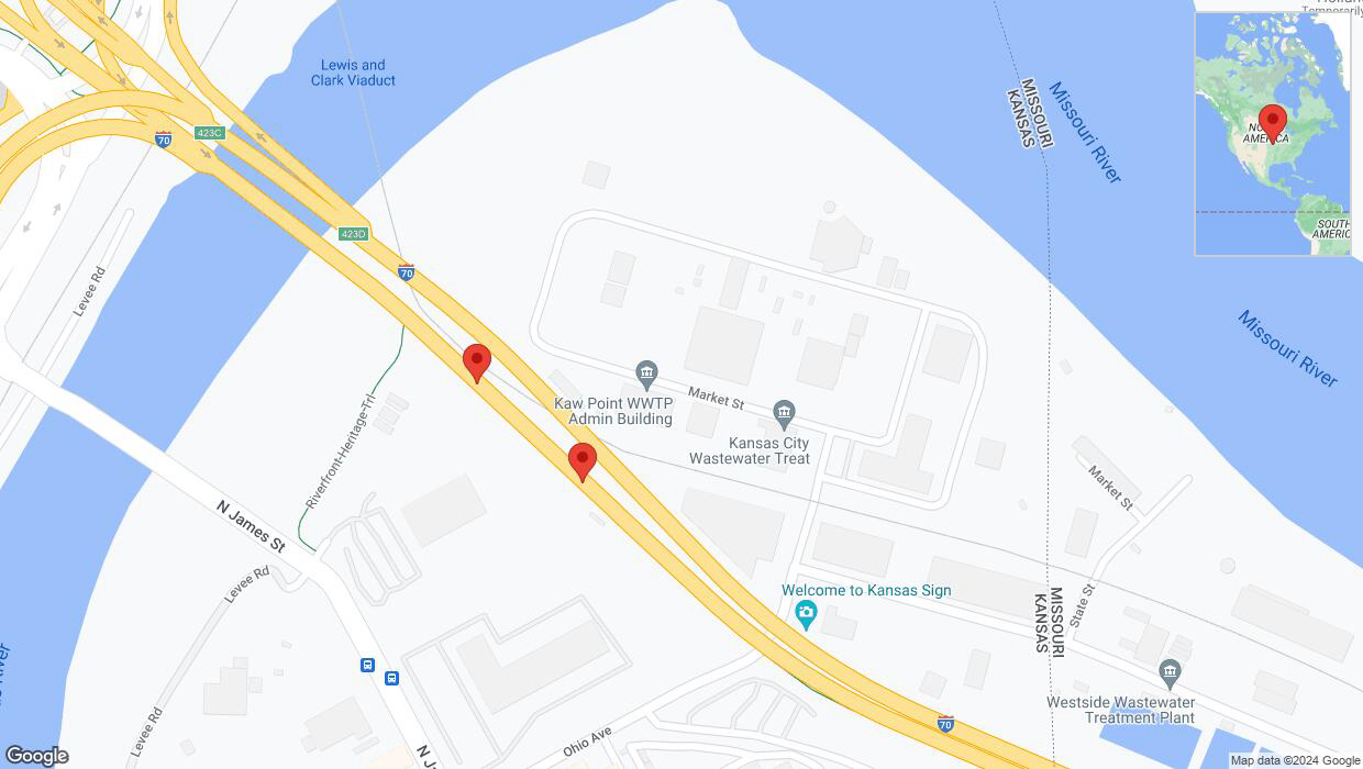 A detailed map that shows the affected road due to 'Broken down vehicle on eastbound I-70 in Kansas City' on June 14th at 2:36 p.m.