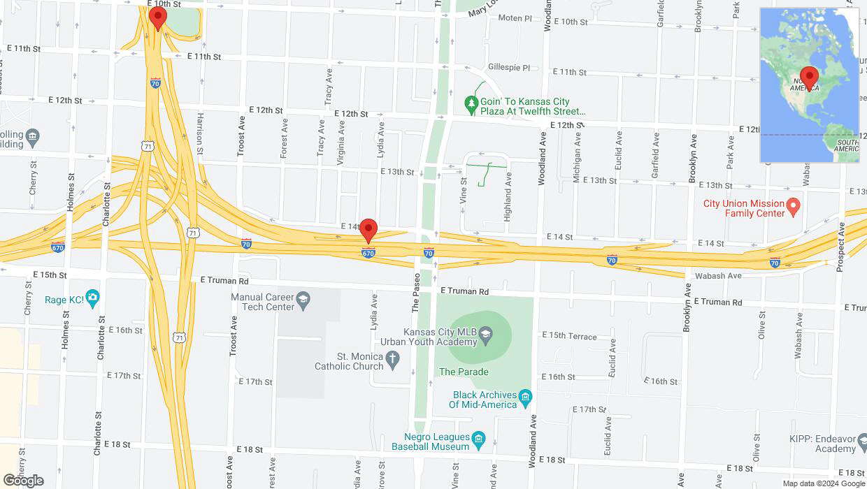 A detailed map that shows the affected road due to 'Kansas City: I-70 closed' on June 14th at 6 p.m.