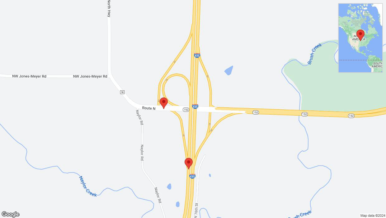 A detailed map that shows the affected road due to 'Missouri 152 closed in Parkville' on June 14th at 11:25 p.m.