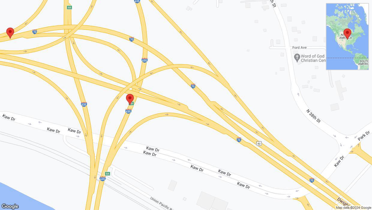 A detailed map that shows the affected road due to 'Harry Darby Memorial Highway closed in Kansas City' on June 14th at 11:49 p.m.