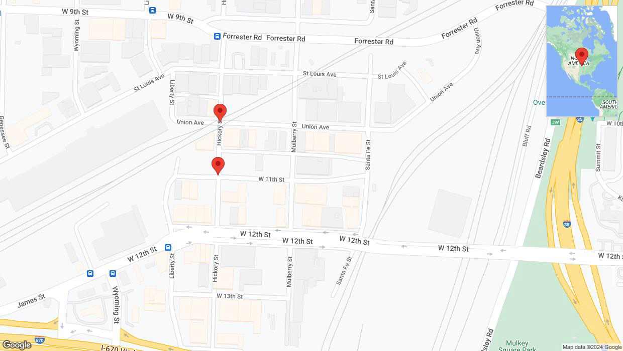 A detailed map that shows the affected road due to 'Hickory Street closed in Kansas City' on June 18th at 8:39 p.m.