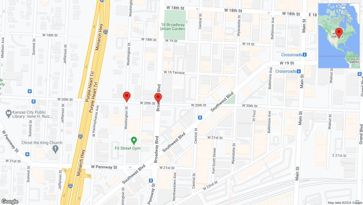 A detailed map that shows the affected road due to 'West 20th Street closed in Kansas City' on June 21st at 6:18 p.m.