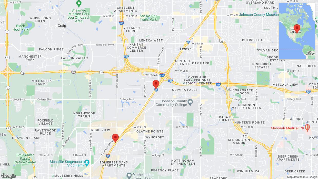 A detailed map that shows the affected road due to 'Heavy rain prompts traffic advisory on westbound I-35 in Lenexa' on June 19th at 4:24 p.m.