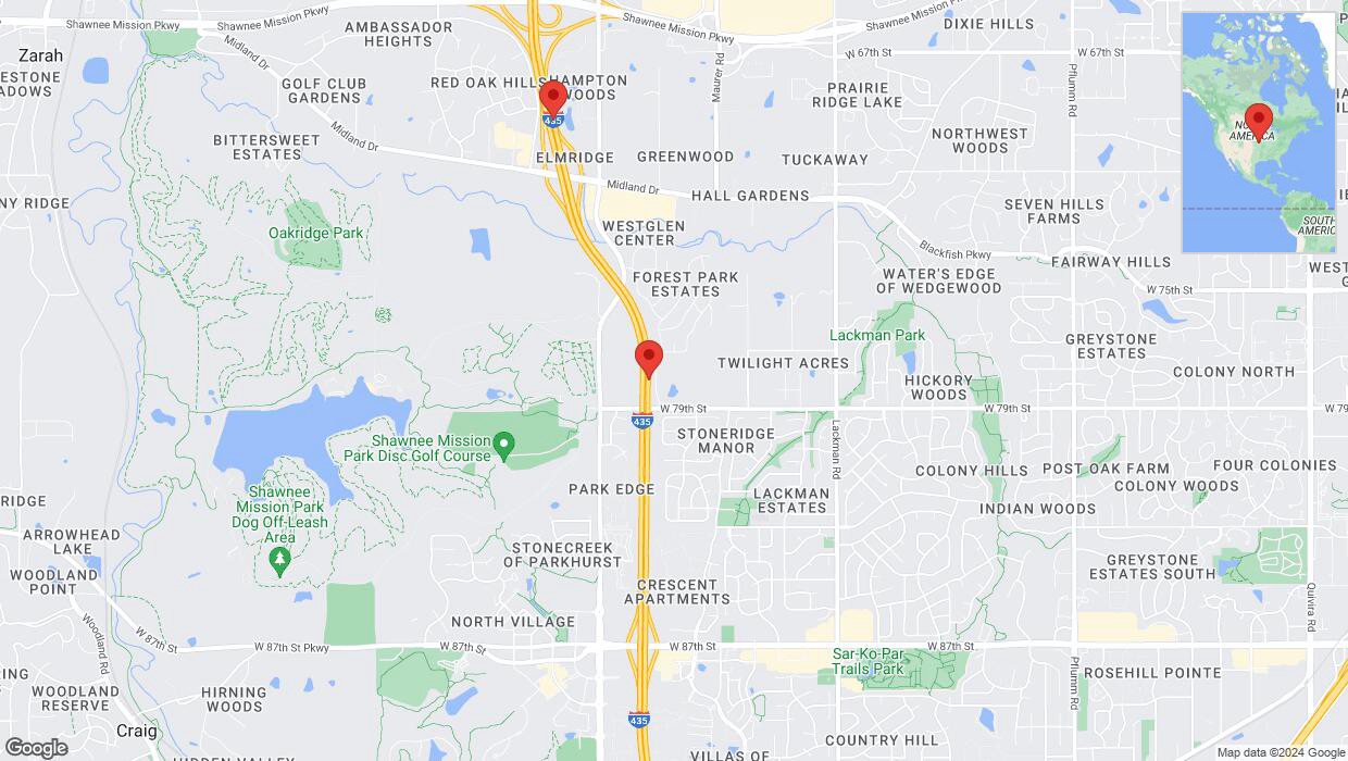 A detailed map that shows the affected road due to 'Heavy rain prompts traffic warning on northbound I-435 in Shawnee' on June 19th at 4:42 p.m.