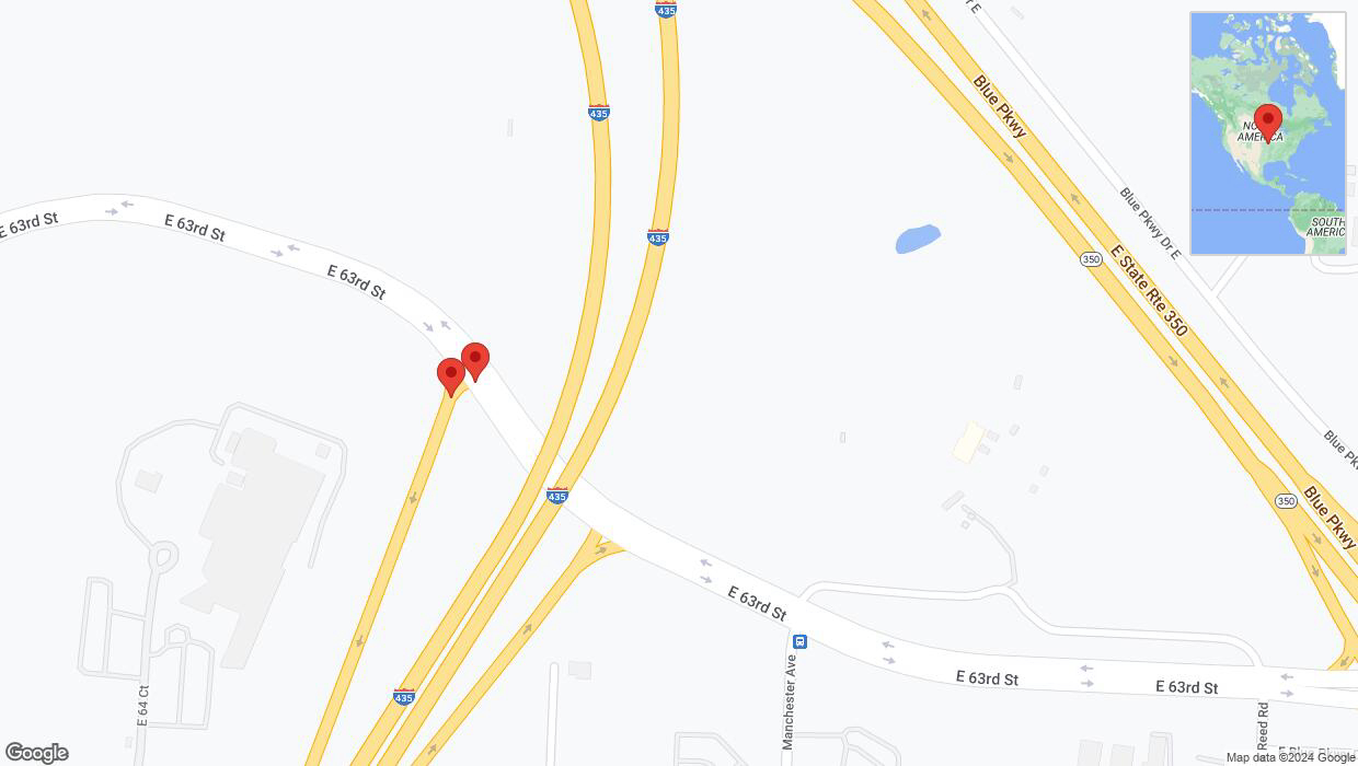 A detailed map that shows the affected road due to 'East 63rd Street closed in Kansas City' on June 19th at 7:36 p.m.