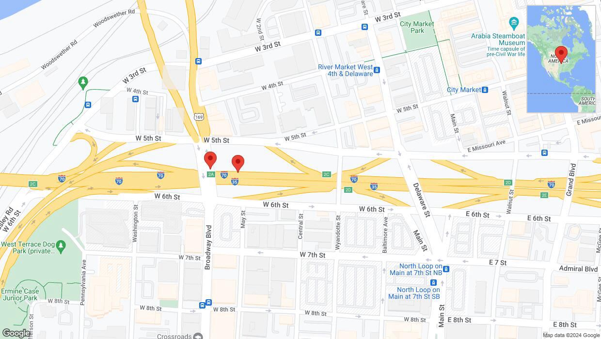 A detailed map that shows the affected road due to 'Broadway Boulevard temporarily closed in Kansas City' on June 22nd at 9:27 p.m.