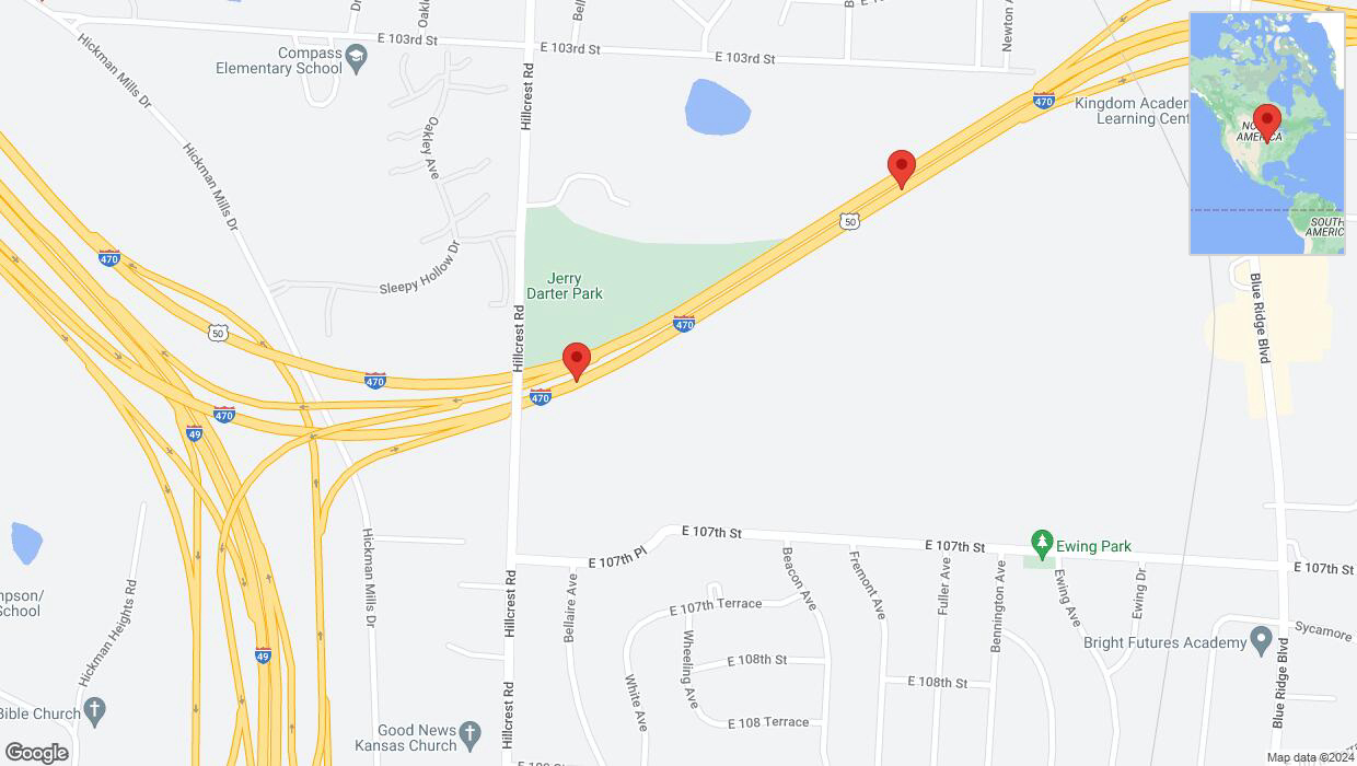 A detailed map that shows the affected road due to 'Incident on eastbound I-470 in Kansas City' on June 24th at 8:16 p.m.