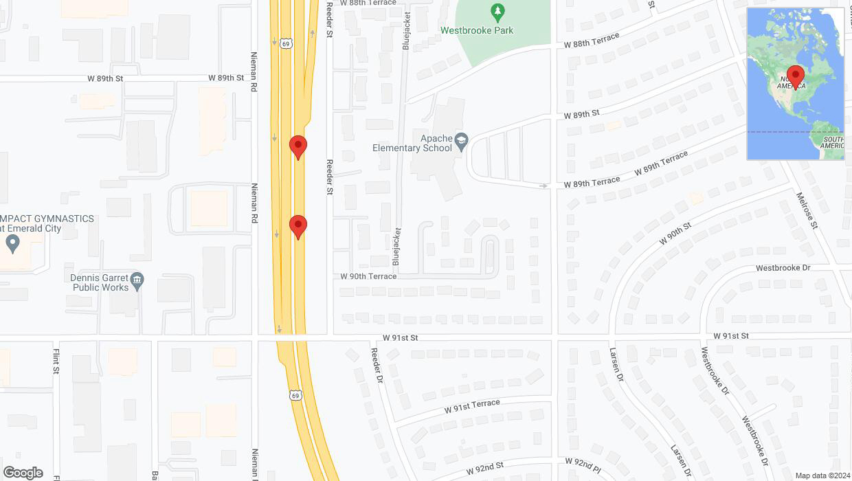 A detailed map that shows the affected road due to 'Warning in Overland Park: Crash reported on northbound US-69' on June 26th at 4:32 p.m.
