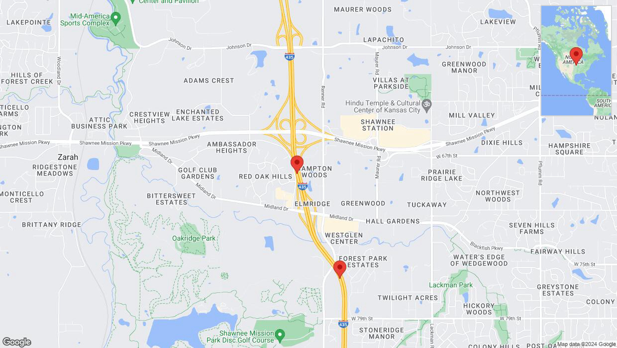 A detailed map that shows the affected road due to 'Lane on I-435 closed in Shawnee' on June 27th at 10:30 p.m.