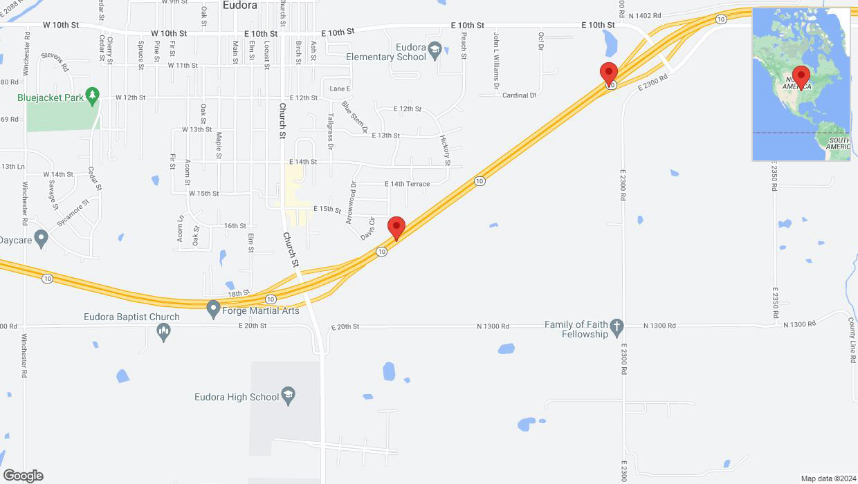 A detailed map that shows the affected road due to 'Traffic alert issued due to heavy rain conditions on eastbound K-10 in Eudora' on June 28th at 9:36 p.m.