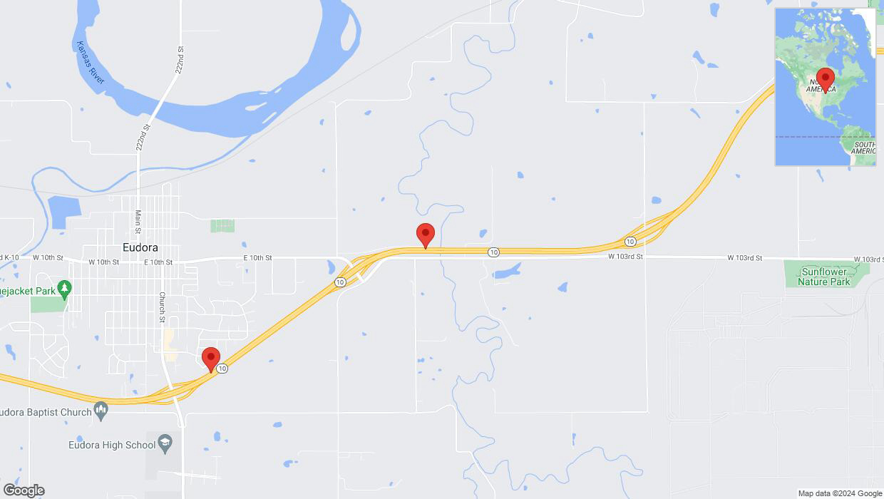 A detailed map that shows the affected road due to 'Drivers cautioned as heavy rain triggers traffic concerns on westbound K-10 in Eudora' on June 28th at 9:41 p.m.