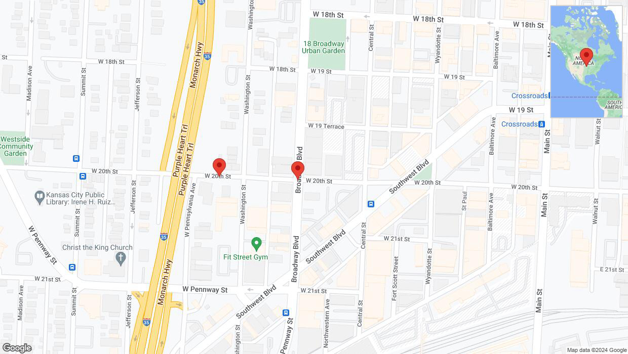 A detailed map that shows the affected road due to 'West 20th Street closed in Kansas City' on June 29th at 5:09 p.m.