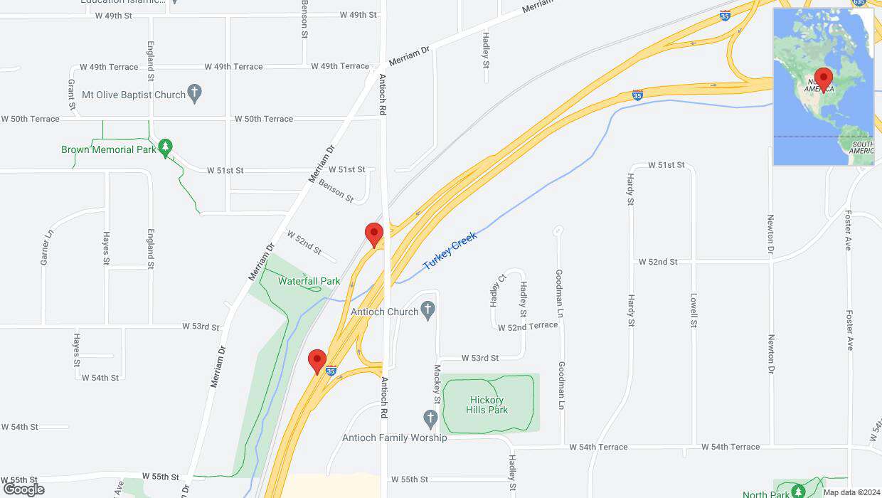 A detailed map that shows the affected road due to 'Merriam Drive closed in Shawnee' on June 30th at 9:22 p.m.
