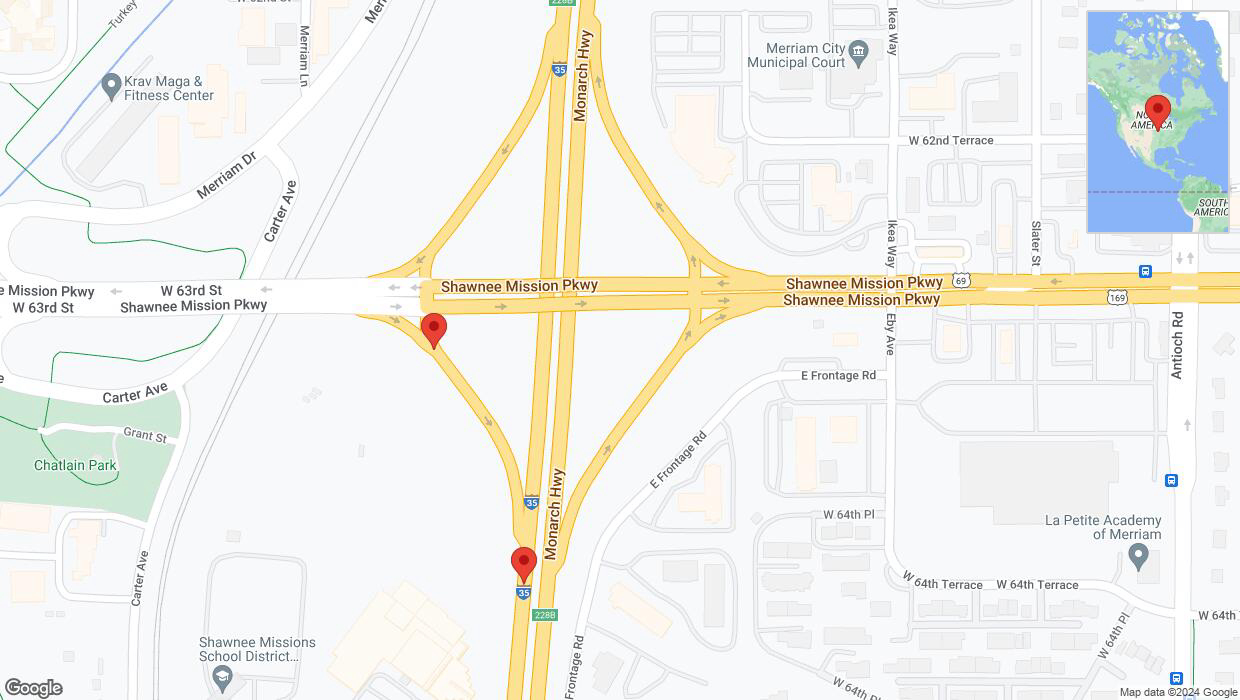 A detailed map that shows the affected road due to 'Road closed in Merriam' on June 30th at 11:42 p.m.
