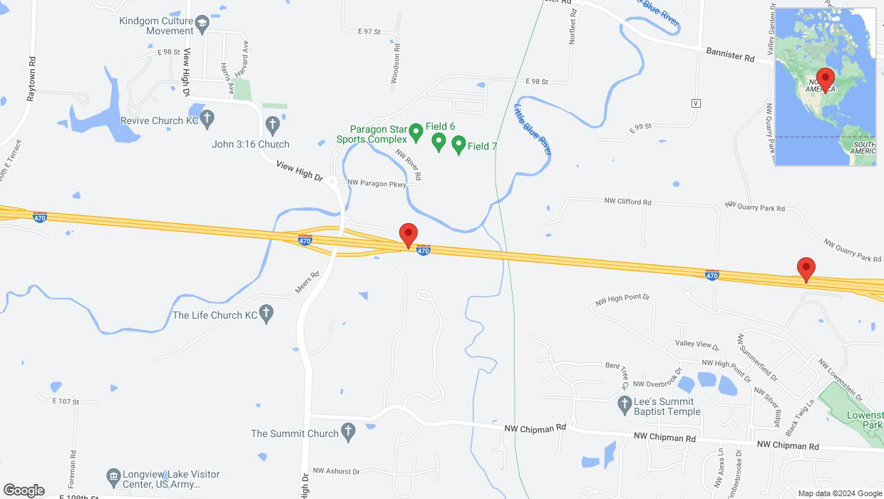 A detailed map that shows the affected road due to 'Heavy rain prompts traffic advisory on eastbound I-470 in Kansas City' on July 1st at 12 p.m.