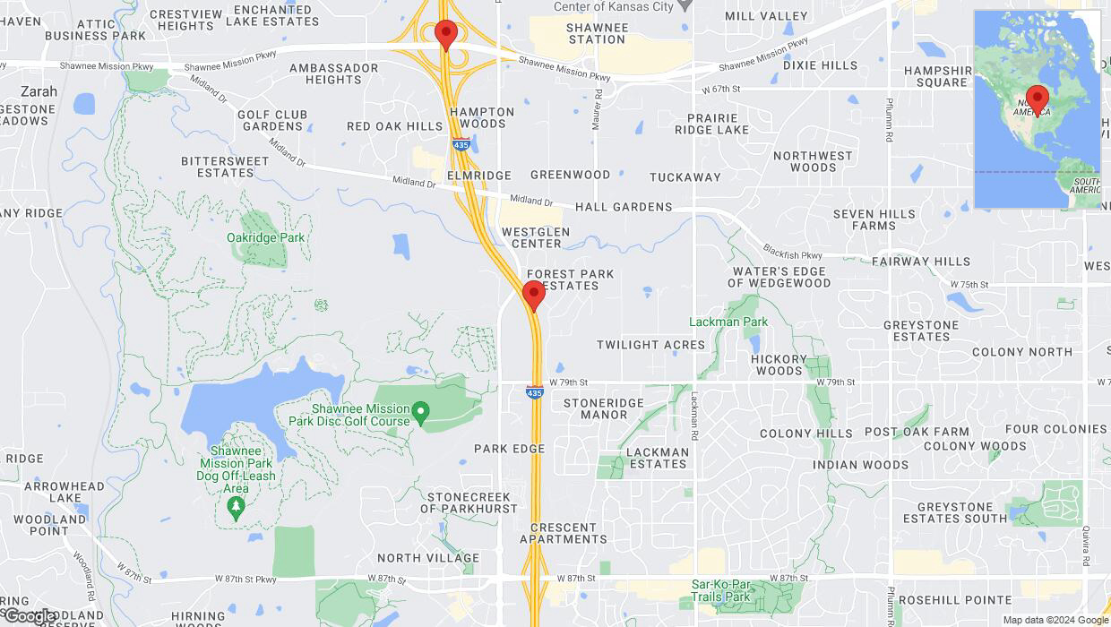 A detailed map that shows the affected road due to 'Drivers cautioned as heavy rain triggers traffic concerns on northbound I-435 in Shawnee' on July 1st at 12:06 p.m.