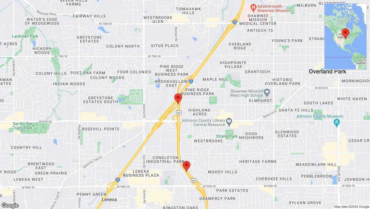 A detailed map that shows the affected road due to 'Heavy rain prompts traffic warning on southbound US-69 in Lenexa' on July 1st at 12:12 p.m.