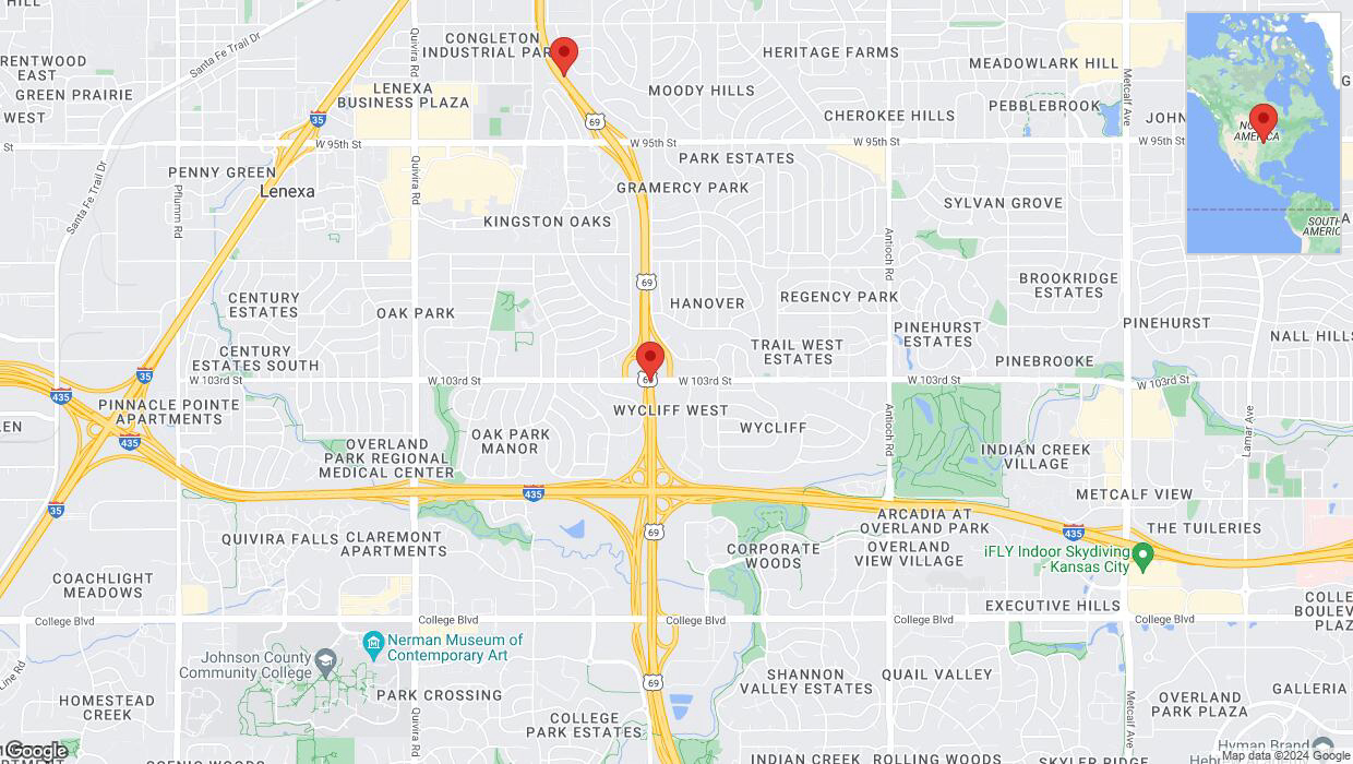 A detailed map that shows the affected road due to 'Heavy rain prompts traffic warning on northbound US-69 in Overland Park' on July 1st at 12:12 p.m.
