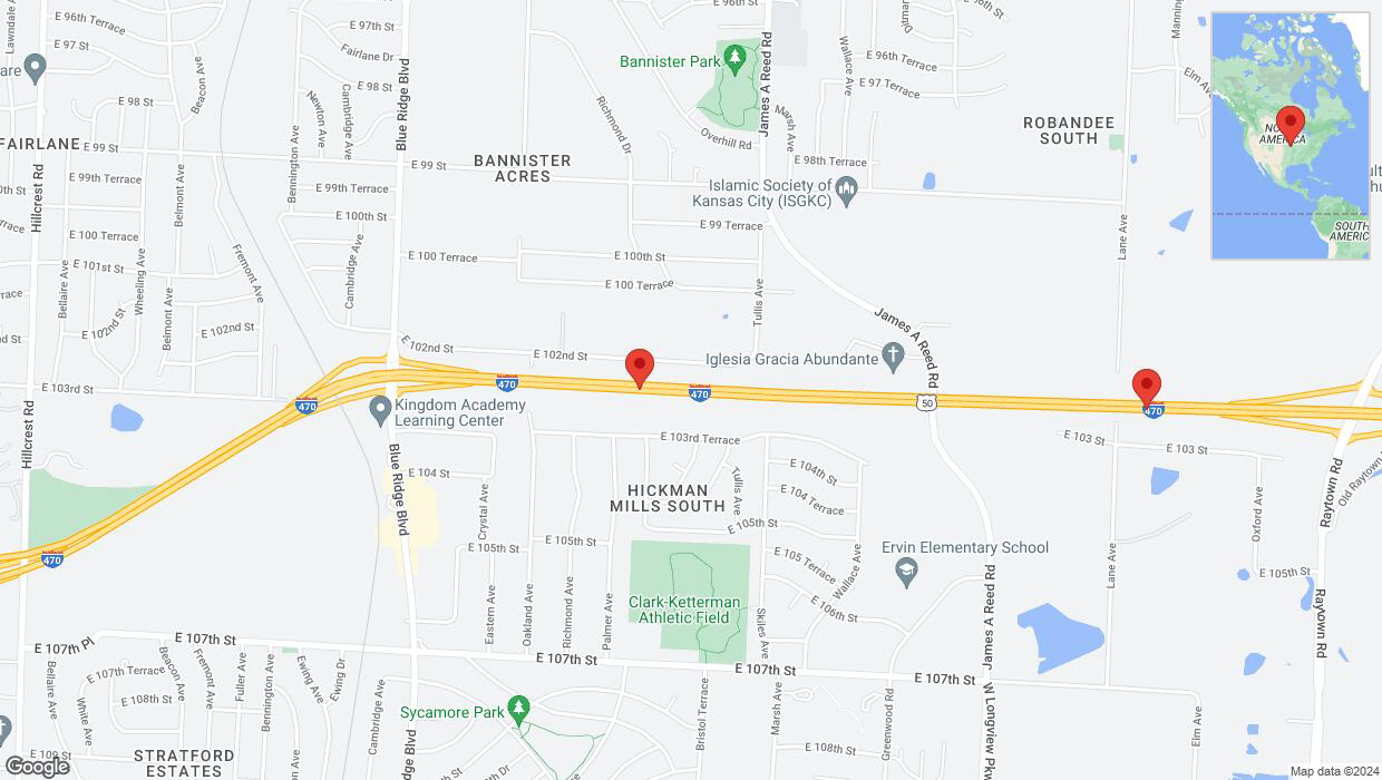 A detailed map that shows the affected road due to 'Heavy rain prompts traffic advisory on eastbound I-470 in Kansas City' on July 1st at 12:12 p.m.