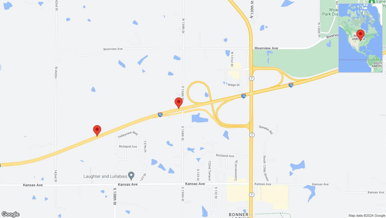 A detailed map that shows the affected road due to 'Heavy rain prompts traffic warning on westbound I-70 in Bonner Springs' on July 1st at 12:12 p.m.