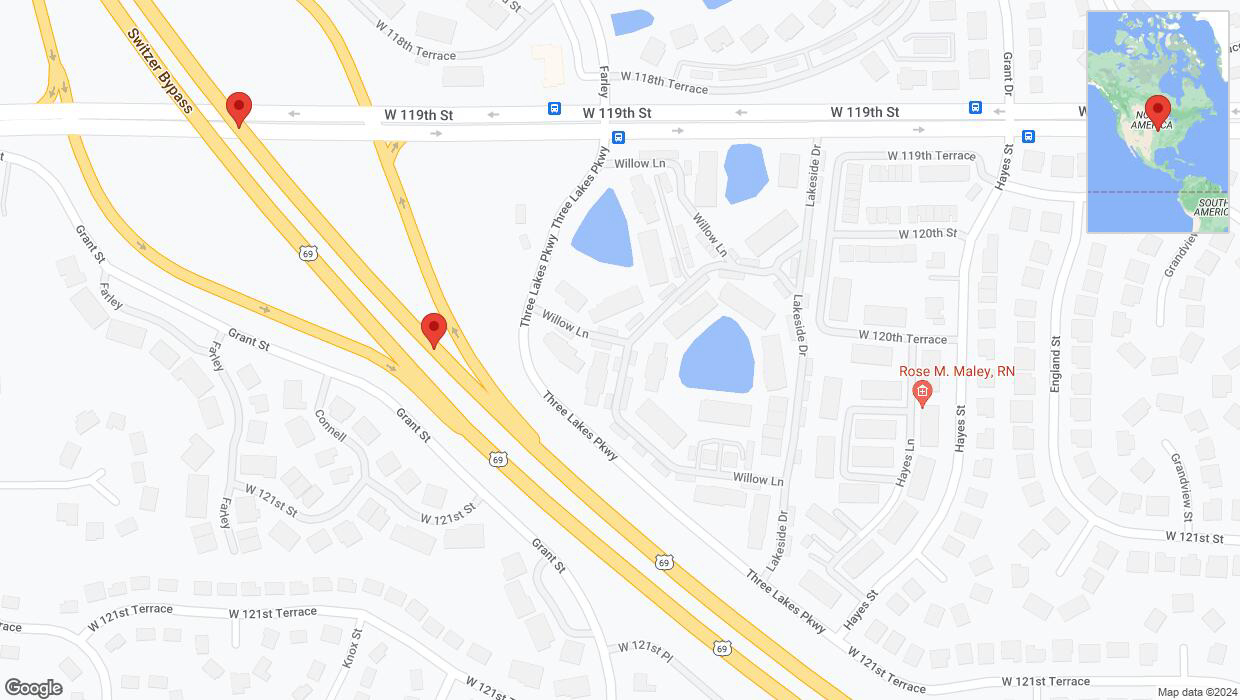 A detailed map that shows the affected road due to 'Warning in Overland Park: Crash reported on northbound US-69' on July 1st at 12:18 p.m.