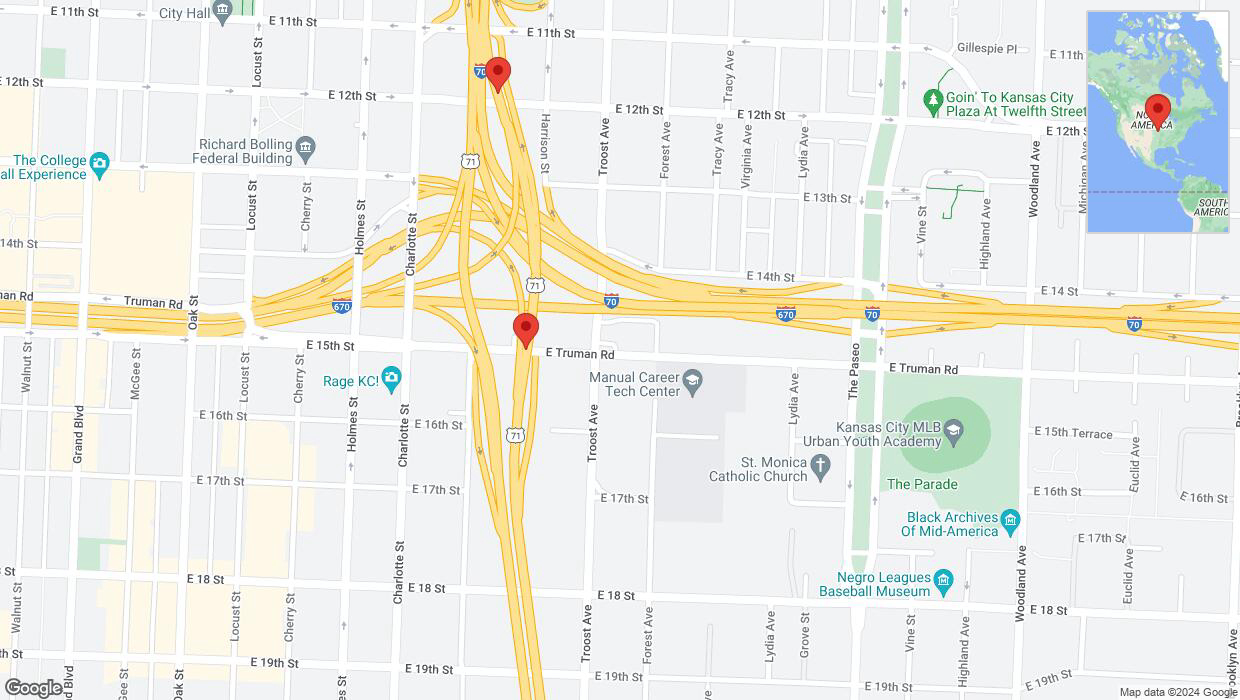 A detailed map that shows the affected road due to 'Traffic alert issued due to heavy rain conditions on northbound US-71 in Kansas City' on July 1st at 12:24 p.m.