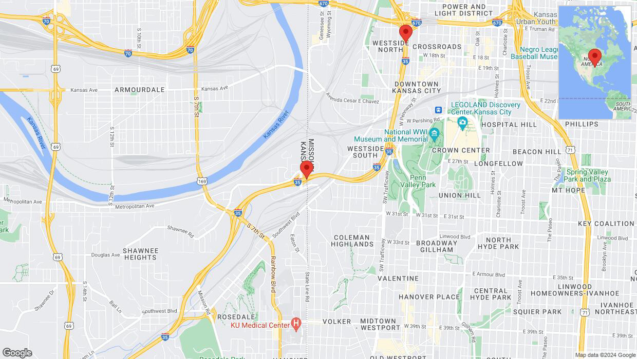 A detailed map that shows the affected road due to 'Heavy rain prompts traffic warning on northbound I-35 in Kansas City' on July 1st at 12:30 p.m.