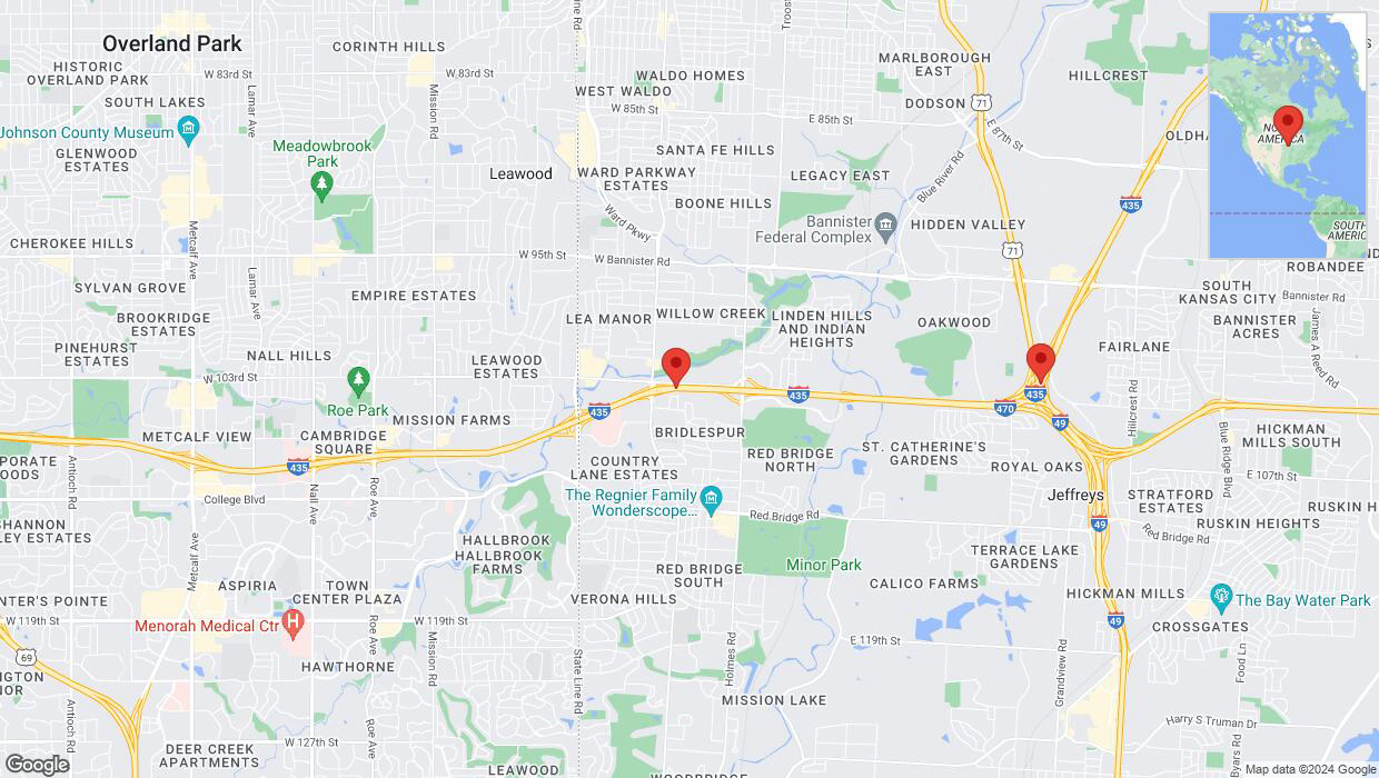 A detailed map that shows the affected road due to 'Drivers cautioned as heavy rain triggers traffic concerns on eastbound I-435 in Kansas City' on July 1st at 12:30 p.m.