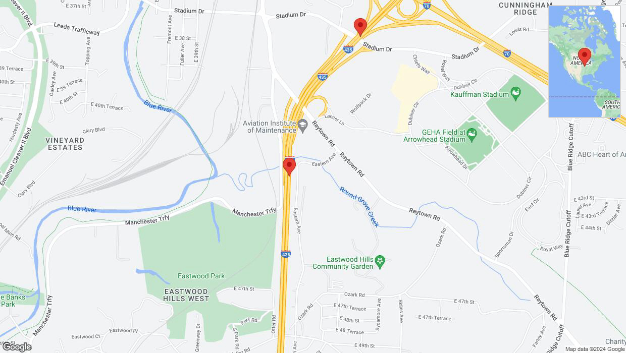 A detailed map that shows the affected road due to 'Traffic alert issued due to heavy rain conditions on northbound I-435 in Kansas City' on July 1st at 12:36 p.m.