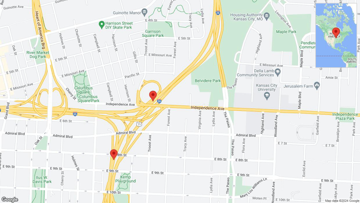A detailed map that shows the affected road due to 'Heavy rain prompts traffic warning on southbound US-71 South in Kansas City' on July 1st at 12:42 p.m.