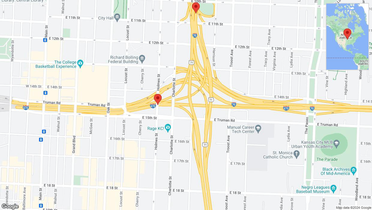 A detailed map that shows the affected road due to 'Heavy rain prompts traffic advisory on northbound US-71 North in Kansas City' on July 1st at 12:42 p.m.