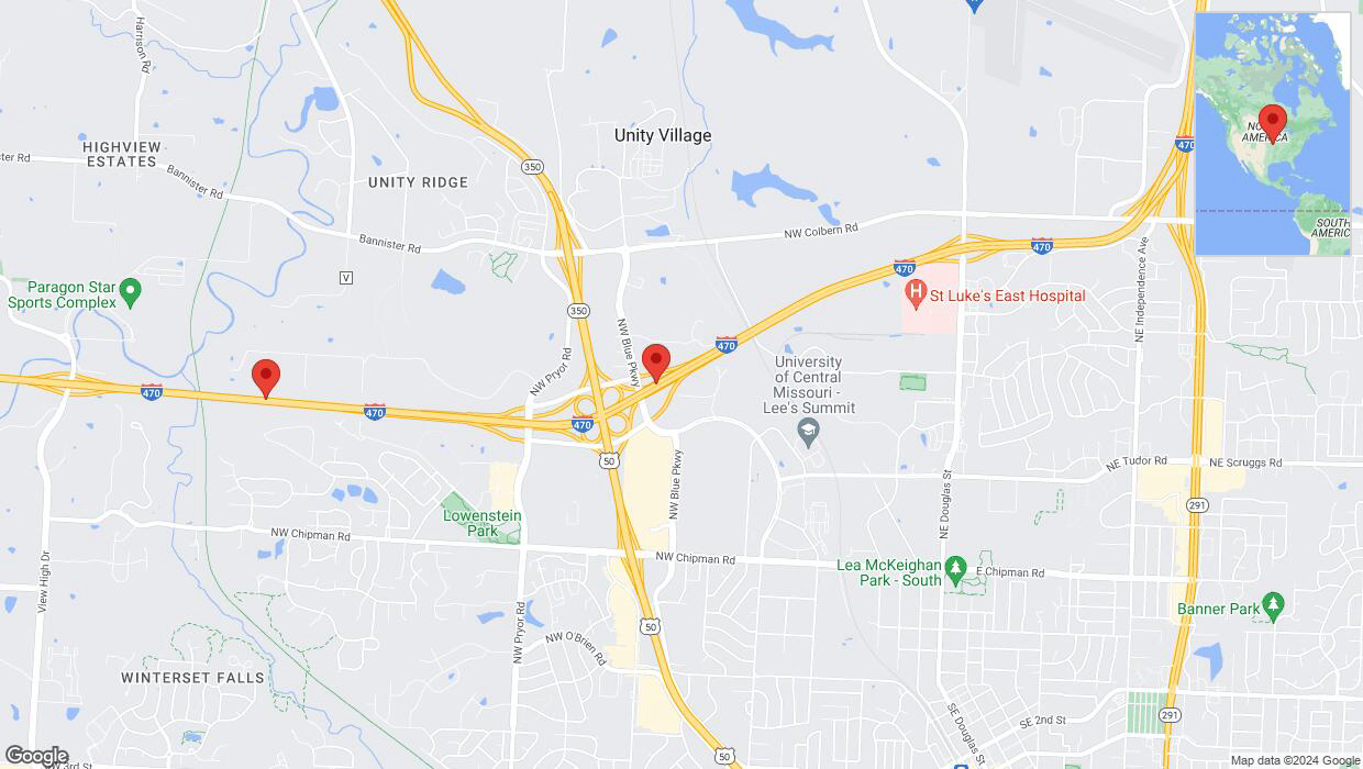 A detailed map that shows the affected road due to 'Heavy rain prompts traffic warning on westbound I-470 in Lee's Summit' on July 1st at 12:48 p.m.