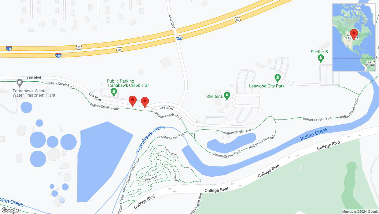 A detailed map that shows the affected road due to 'Lee Boulevard closed in Leawood' on July 1st at 2:48 p.m.