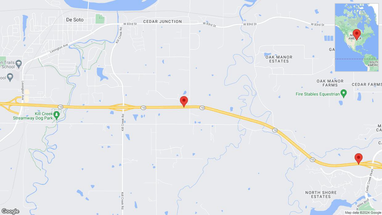 A detailed map that shows the affected road due to 'De Soto: K-10 closed' on July 1st at 7:20 p.m.
