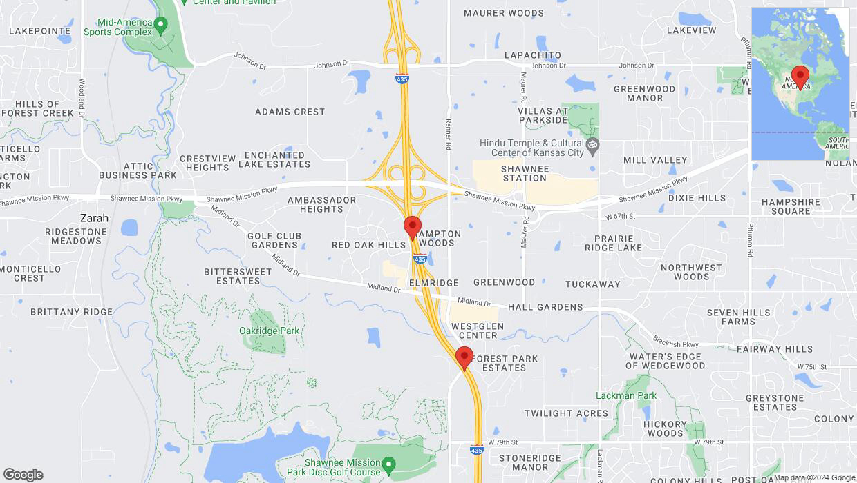 A detailed map that shows the affected road due to 'Lane on I-435 closed in Shawnee' on July 1st at 10:48 p.m.