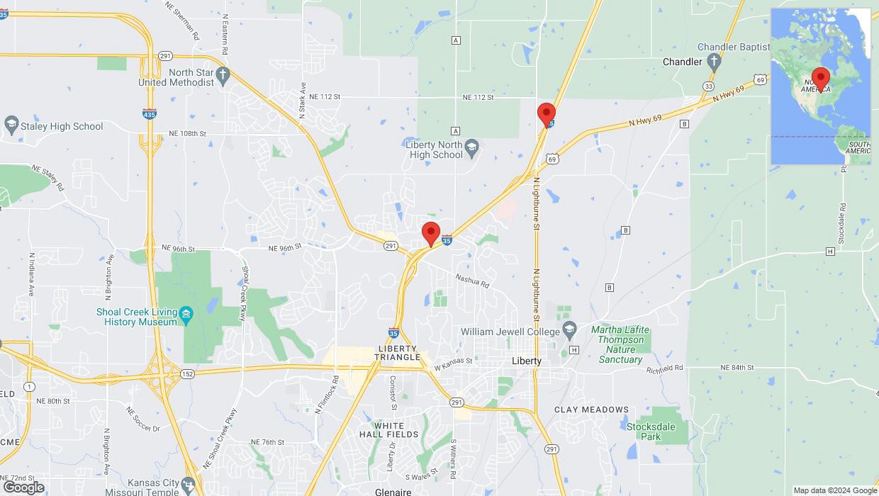 A detailed map that shows the affected road due to 'I-35 closed in Liberty' on July 3rd at 2:24 p.m.