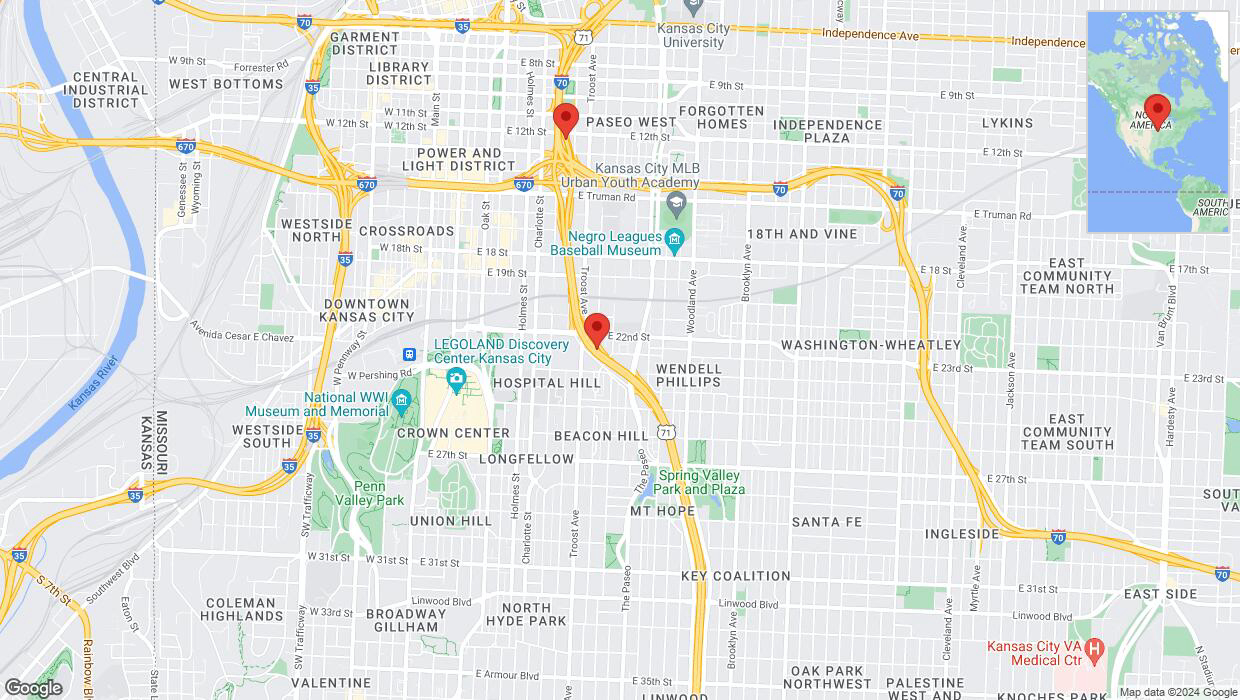 A detailed map that shows the affected road due to 'Drivers cautioned as heavy rain triggers traffic concerns on northbound US-71 in Kansas City' on July 3rd at 6:36 p.m.