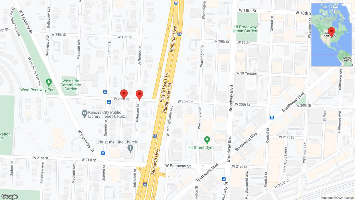 A detailed map that shows the affected road due to 'West 20th Street closed in Kansas City' on July 4th at 5:24 p.m.