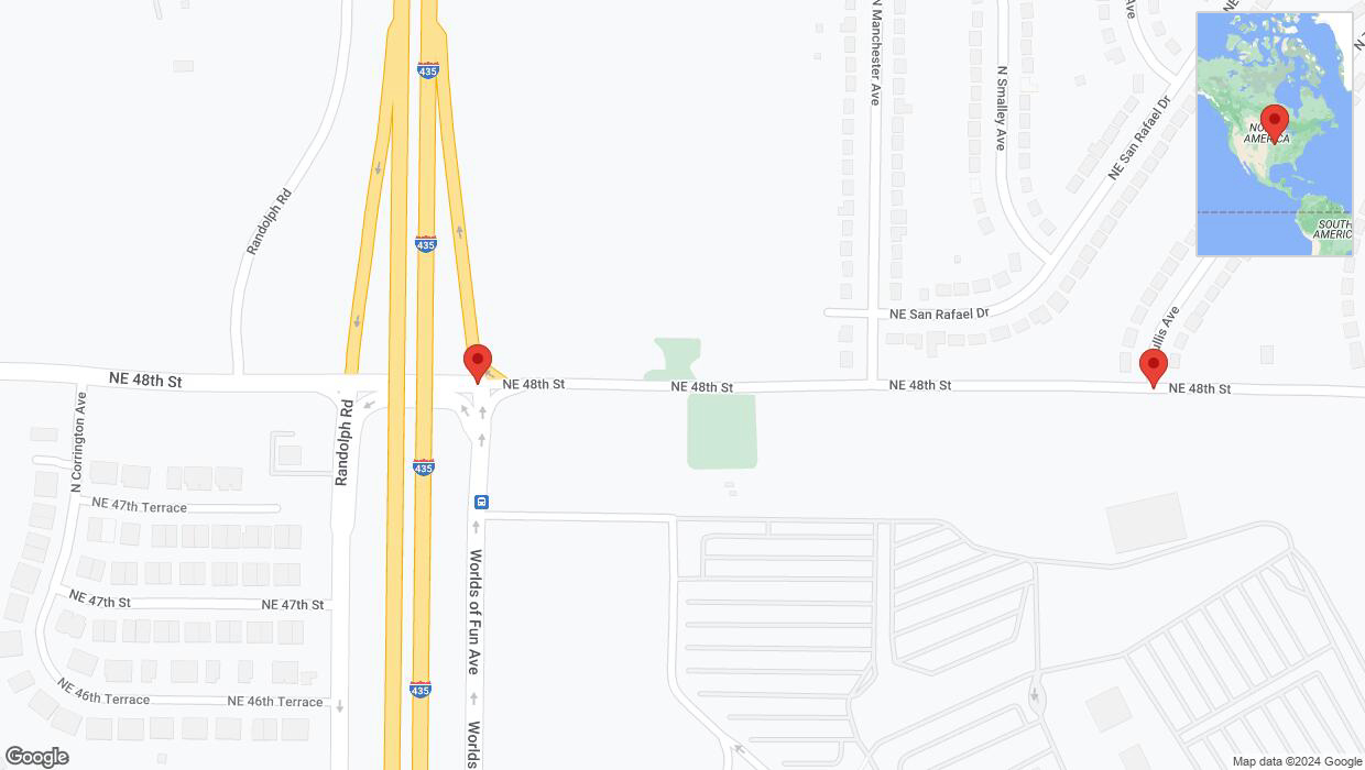 A detailed map that shows the affected road due to 'Northeast 48th Street closed in Kansas City' on July 9th at 6:30 p.m.