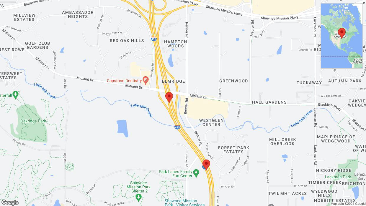 A detailed map that shows the affected road due to 'Lane on I-435 closed in Shawnee' on July 14th at 8:17 a.m.