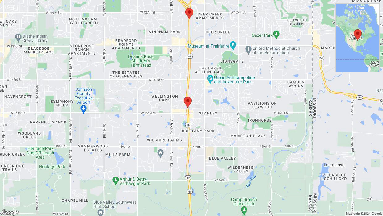 A detailed map that shows the affected road due to 'Lane on US-69 closed in Overland Park' on July 10th at 3:07 p.m.