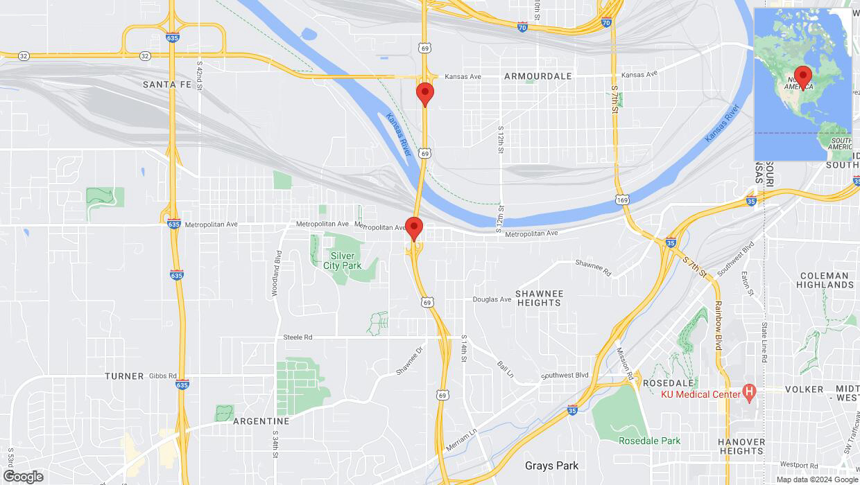 A detailed map that shows the affected road due to 'Kansas City: US-69 closed' on July 10th at 8:59 p.m.