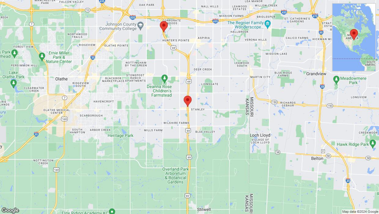 A detailed map that shows the affected road due to 'Lane on US-69 closed in Overland Park' on July 11th at 10:10 p.m.