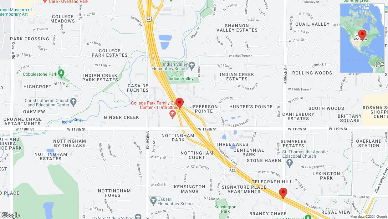 A detailed map that shows the affected road due to 'Lane on US-69 closed in Overland Park' on July 11th at 4:10 p.m.