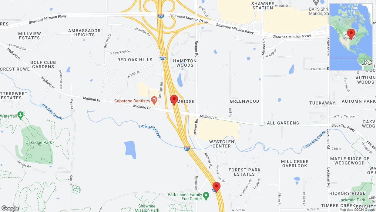 A detailed map that shows the affected road due to 'Lane on I-435 closed in Shawnee' on July 11th at 8:10 p.m.