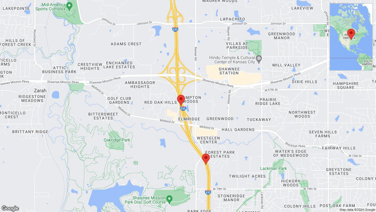 A detailed map that shows the affected road due to 'Lane on I-435 closed in Shawnee' on July 12th at 5:14 p.m.
